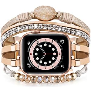 VISOOM Beaded Boho Bracelet Compatible for Apple Watch Band 40mm/38mm/41mm Series 10 9 8 7 SE Series 6/5/4 Women Leather Fashion Cute Handmade Multilayer Wrap Watch Strap for iWatch Bands 3/2/1