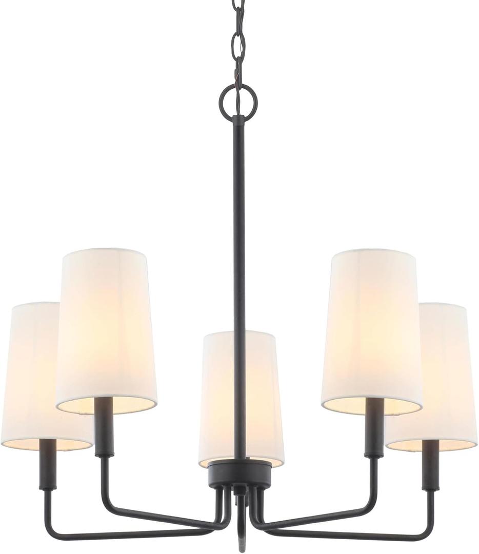 Chandelier, Matte Black with White Fabric Shade, Farmhouse Linear Island Lighting Fixture for Kitchen, Dining Room (5-Light Matte Black with Fabric Shades)
