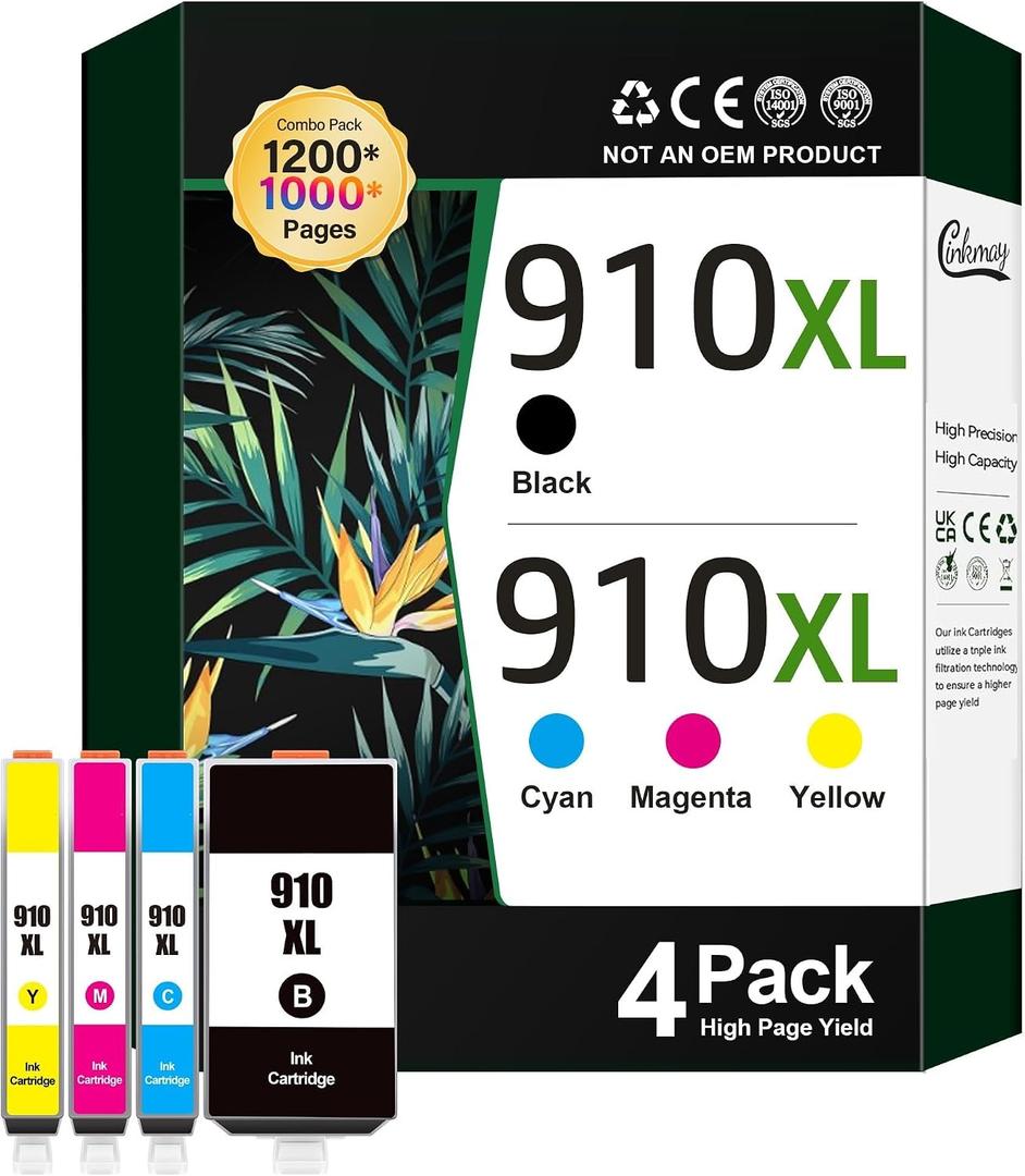 910 Ink Cartridge: Suitable for 910XL OfficeJet 8020, 8025, 8035 Printers (4-Pack)