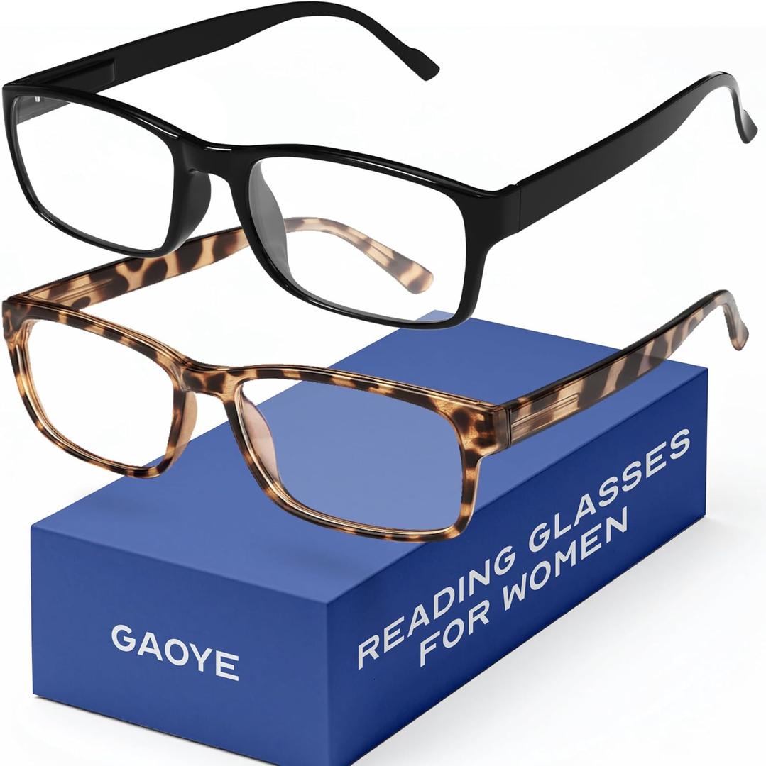 Gaoye +1.0 2-Pack of Reading Glasses - Blue-Light Filter, UV Protection - Readers with Rectangle Frames (1 Black + 1 Leoparde)