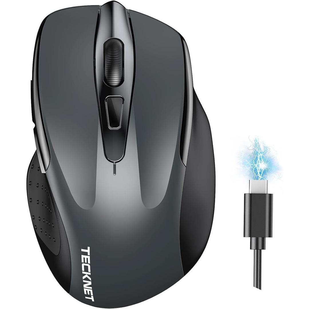 TECKNET Wireless Mouse (BT5.0/3.0 & 2.4G) Rechargeable 4800 DPI Silent USB A & Bluetooth Mouse 6 Buttons, Wide Compatibility - Grey
