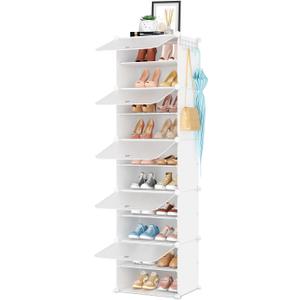 Shoe Rack 10 Tier Shoe Storage Cabinet with Door 20 Pair Tall Shoes Rack Organizer Free Standing Expandable Stable Plastic Easy Assembly Shoes Shelf for Closet Hallway Entryway Bedroom White