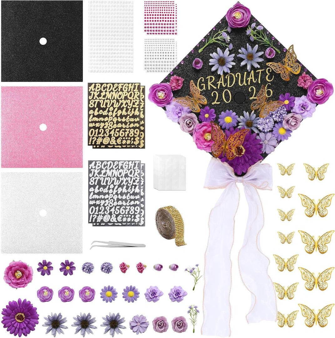 Harsever 48Pcs Graduation Cap Decorations DIY Kit,Grad Cap Decorations Decor with Faux Flower 3D Butterfly Rhinestones Alphabet Letter Stickers for DIY Graduation Party Supplies(Lavender)