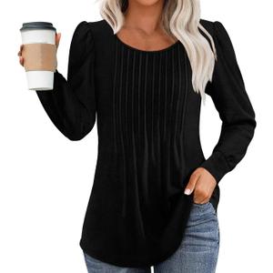 LOVESHOOT Womens Long Sleeve Blouse Fall Dressy Casual Pleated Crew Neck Shirts Floral Bohemian Tunic Tops (Black, L)