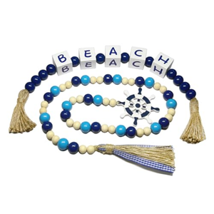 Pack Of 2 Perfeso.L Farmhouse Wooden Letter Block Sign and Boho Tassel Bead Garland Beach Lake House Decor for Bathroom, 2-Pcs Set Blue Bead Garland with Tassels Home Decoration