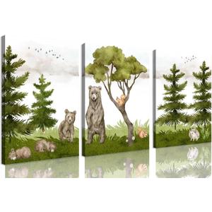Woodland Nursery Wall Art Decor Forest Wild Animals Wall Art Prints Canvas Posters Brown Bear Squirrel Pine Tree Watercolor Poster Printing Artwork For Classroom Children's Room Wall Decoration