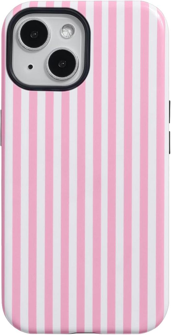 Fycyko Compatible with iPhone 14/13 Case Striped Cute Aesthetic Phone Case Shockproof TPU Hard PC Protective Cover for iPhone 14/13-Pink