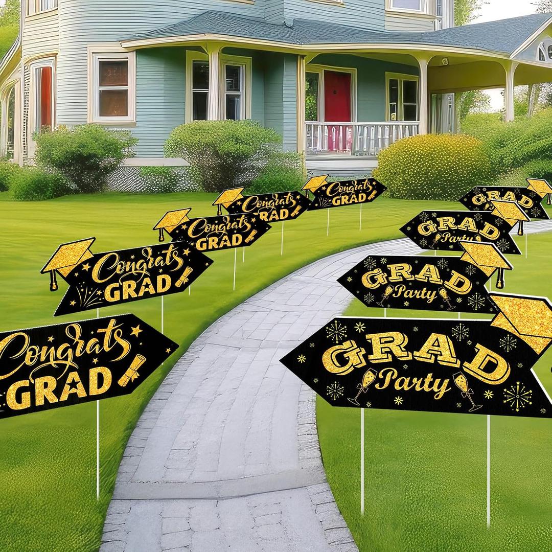 Landical 8 Pack 2026 Graduation Party This Way Yard Sign Arrow 17 x 6 Inch Double Sided Printed Directional Yard Sign with Stakes Black Graduate Party for Outdoor Graduation Supply(Gold)