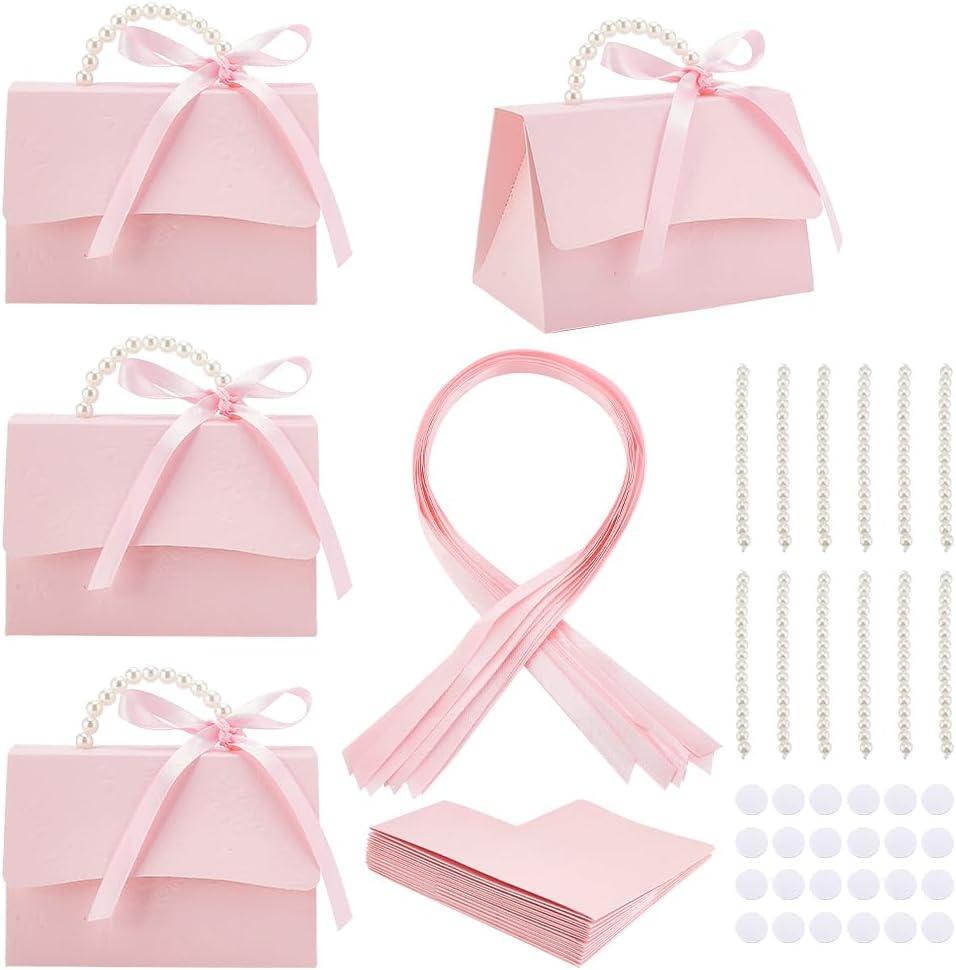 BENECREAT 12 Sets Wedding Favors Box DIY Set, Pink Kraft Paper Box with Pearl Handle, Ribbons, Stickers, Gift Boxes for Birthday, Party Favor, Boutique, Wedding and Anniversary