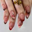 Medium Press on Nails Almond French Tip False Nails with 3D Cherry Design Leopard Print Glossy Acrylic Artificial Full Cover Stick on Fake Nails for Women 24 Pcs