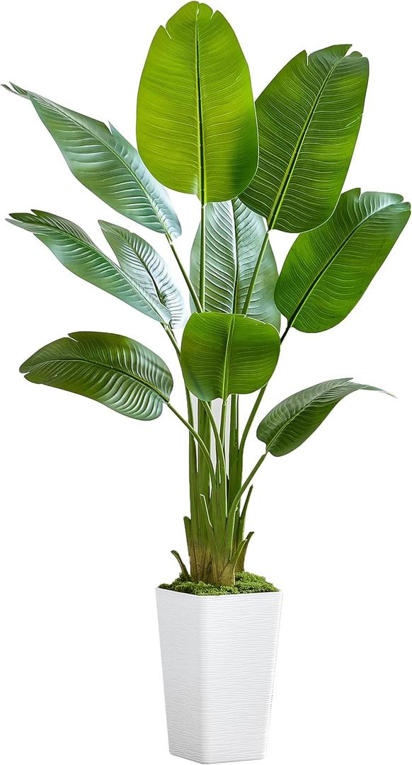 Bird of Paradise Artificial Plant, 5FT Faux Plants Indoor Banana Leaf Tree with 9 Leaves, Large Fake Tropical Potted Indoor Silk Floor Plant with White Tall Planter for House,Office,Room,Home Decor