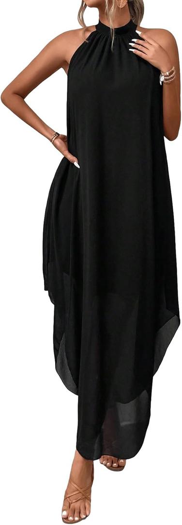 Verdusa Women's Wedding Guest Dress Halter Flowy Chiffon Asymmetrical Long Summer Prom Dress (Black, L)