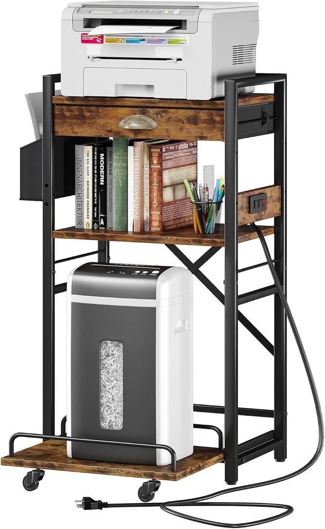 Homeiju 3-Tier Printer Stand with Storage Drawer,Large Tall Printer Table with Power Outlet,Side Pocket and Adjustable Shelf for Home Office,Stand Cart for Computer PC Tower CPU Shredder,Brown