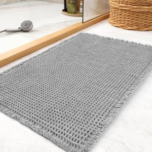 tchdio Waffle Bath Mat Rug, Super Absorbent Non Slip Bath Mats for Bathroom Mat Ultra Soft Bathmat Machine Washable Bathroom Rugs with Tassels, Bath Rugs Beside Tub, 18" x 30" (1'6" x 2'6" (Rectangular), Light Grey)