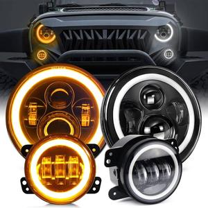 UNI-SHINE 2PCS 7 Inch Round LED Headlights+2PCS 4 Inch LED Fog Lights H6024 DOT Approved Hi/Lo Beam Compatible with Jeep Wrangler JK TJ 2007-2018 with White DRL and Amber Turn Signal (Black)
