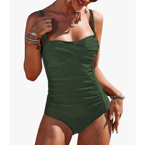 Ekouaer Women's One Piece Swimsuit Ruched Tummy Control Bathing Suits Vintage Retro Push Up Swimwear, Size: XL