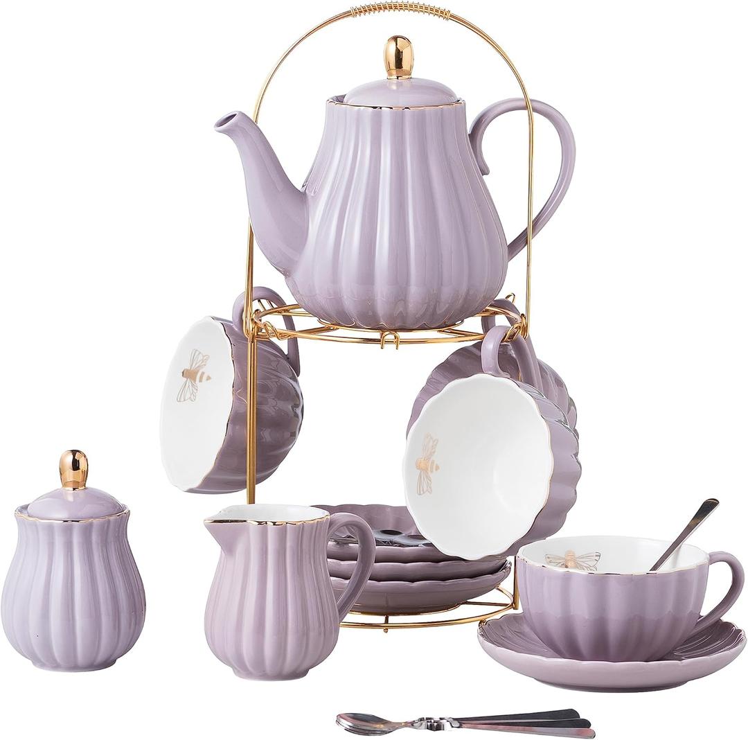 CLAY TONIC 8 OZ Fine China Purple Coffee Cup/Teacup Set, Cups & Saucer, with TeapotSugar BowlCream Pitcher Teaspoons and tea strainer for Tea/Coffee,17Pieces Service for 4 (Purple)