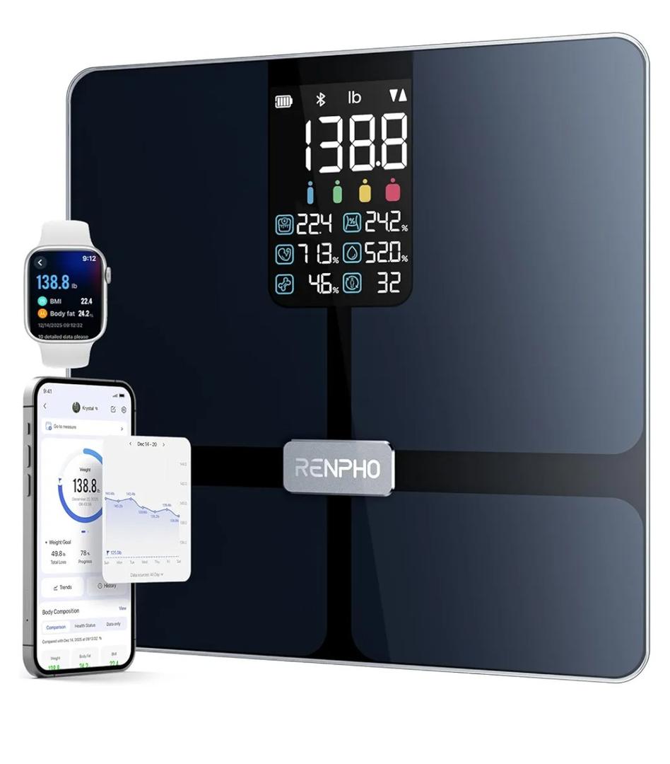 RENPHO Scale for Body Weight, Smart Scale with BMI, Body Fat, Muscle Mass, Bluetooth, 13 Metrics with Large Display, Support App Connection, Black, Elis 2X