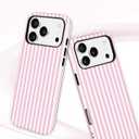 Jusy Compatible with MagSafe Striped Phone Case for iPhone 16 Pro Max, Cute Aesthetic Magnetic Soft TPU and Hard PC Protective Phone Cover for Women Girls (Matte) - Pink and White