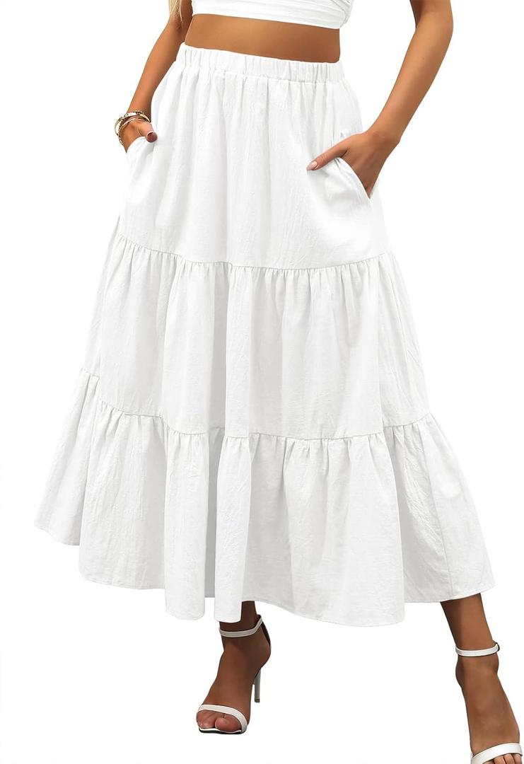 ANRABESS Women’s Summer Boho Flowy Swing Tiered A-Line Maxi Skirt 2025 Fashion Trendy Elastic Waist Pleated Long Beach Dress with Pockets White, Small