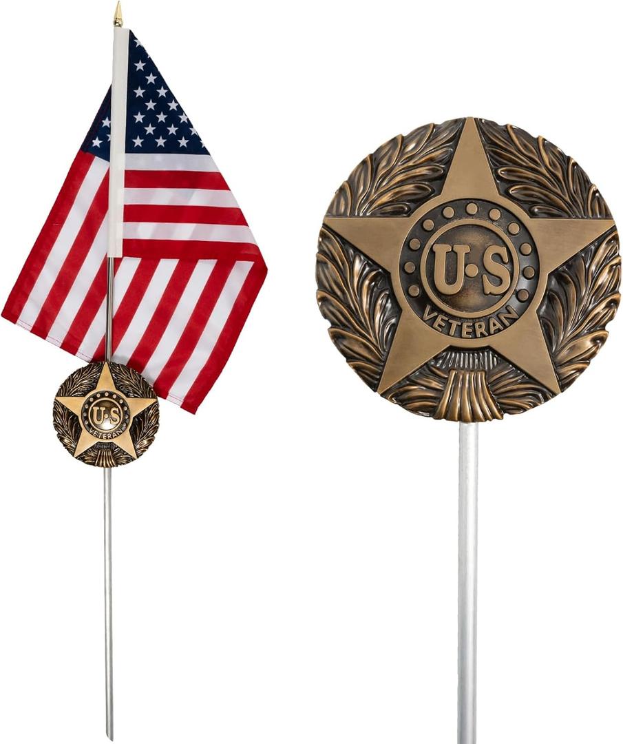 FRF FLAG American Veteran Grave Marker, with 12x18 Inch USA Flag, Aluminum Veterans Plaque, Memorial Day Gifts, Suitable for Graveside Memorials to Honor Those who Served