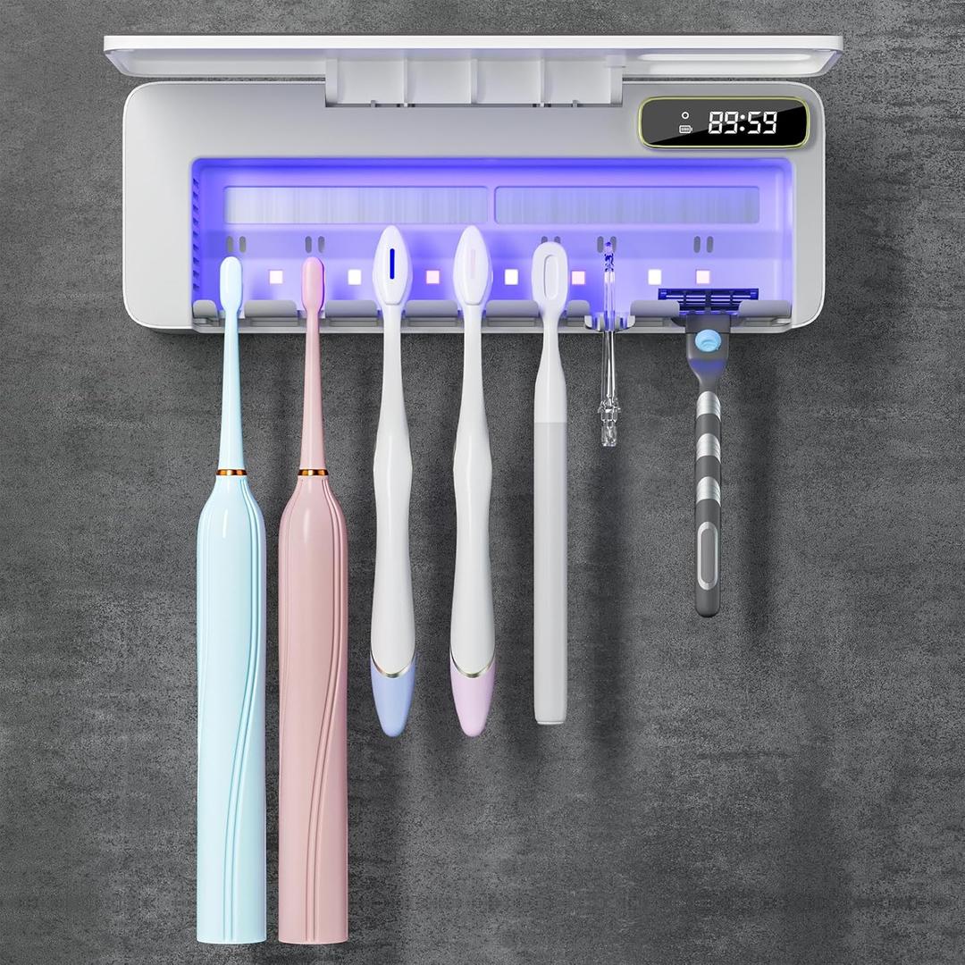 UV Toothbrush Sanitizer Holder for Bathrooms, 5+1+1 Slots Toothbrush Sanitizer and Holder, Rechargeable Cordless Wall Mounted Tooth Brush Holder with Heating Functions, No Drilling (White)