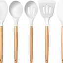 E-far Silicone Cooking Utensils Set, 5-Piece Kitchen Utensils Set with Wooden Handle for Cooking, Silicone Kitchen Nonstick Tools Spatula Turner Slotted Spoons, Nontoxic & Heat Resistant-White