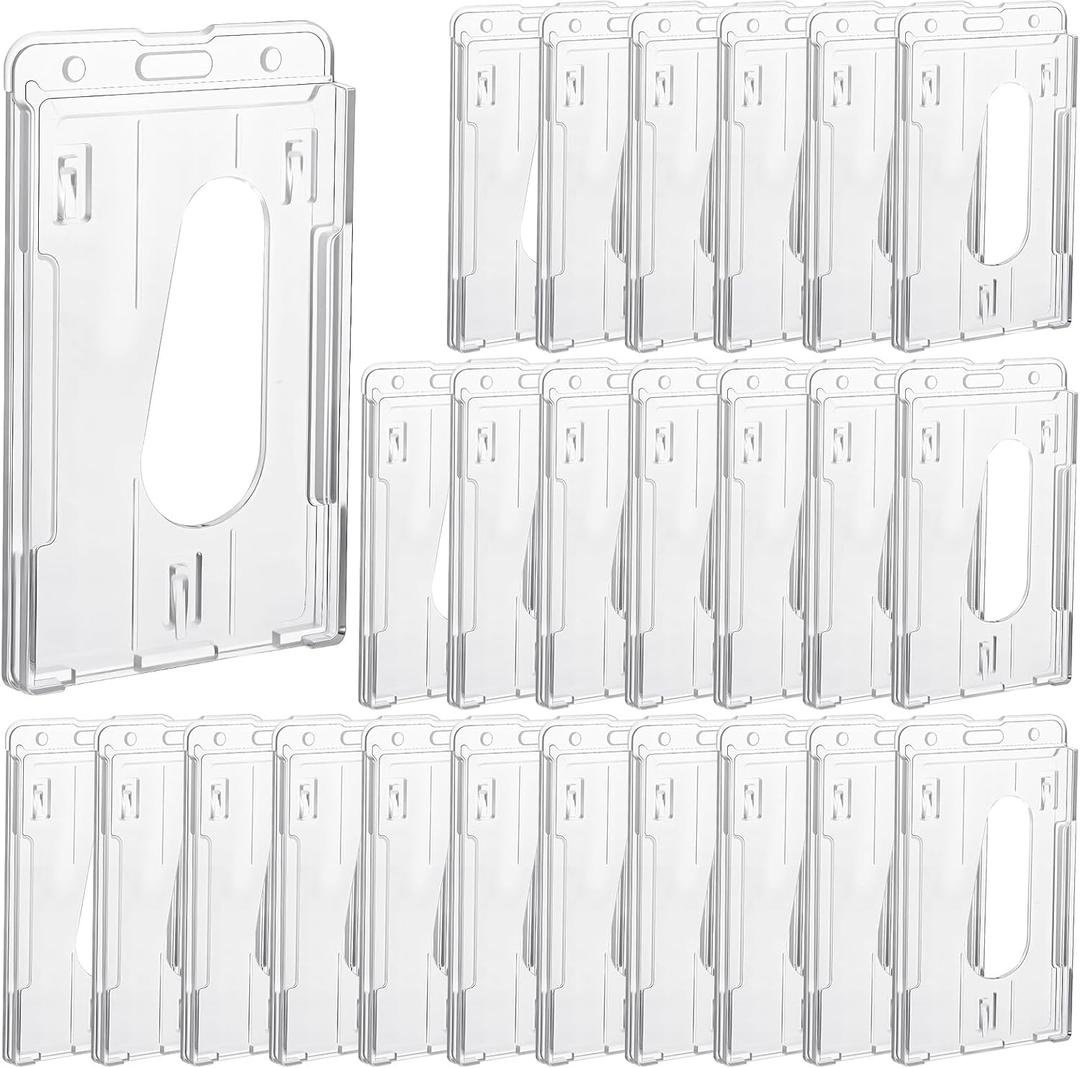 25 Pack Vertical 2-Card Badge Holder, Heavy Duty Hard Plastic ID Card Holder with Thumb Slot, Clear PC Protector Sleeve for Office, School, Credit Cards & Driver's Licenses