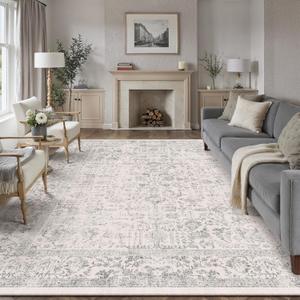 Gray Area Rug 8x10 Machine Washable Large Vintage Living Room Distressed Non Slip Carpet Traditional Indoor Bedroom Grey Retro Floral Accent Throw Rug for Office Kitchen Dining Room