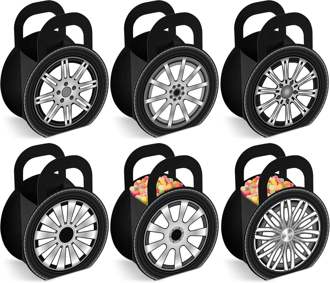 CHUNNIN 24Pcs Race Car Wheels Party Gift Boxes for Race Car Party Decorations Car Wheels Shaped Treat Boxes Racing Car Birthday Party Candy Boxes with Handle for Birthday Baby Shower Party Supplies