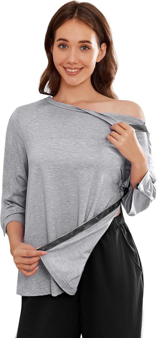Deyeek Women's Post Shoulder Surgery Shirts Tear Away 3/4 Snap Tops (Gray, XL)