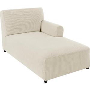 FantasDecor Right Chaise Lounge Cover Stretch Chair Lattice Slipcover with Armrests for Living Room Bedroom Right Arm Soft Jacquard Fabric Machine Washable, Beige,Right Chaise