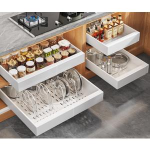 Seinloes 4Pack Expandable Pull Out Cabinet Organizer 21"Deep with Raising Pad for Framed Cabinets,Slide Out Drawers with 4pcs Divider Racks,Roll Out Shelves Adhesive,Adjustable Width 12.05"-20.4"White