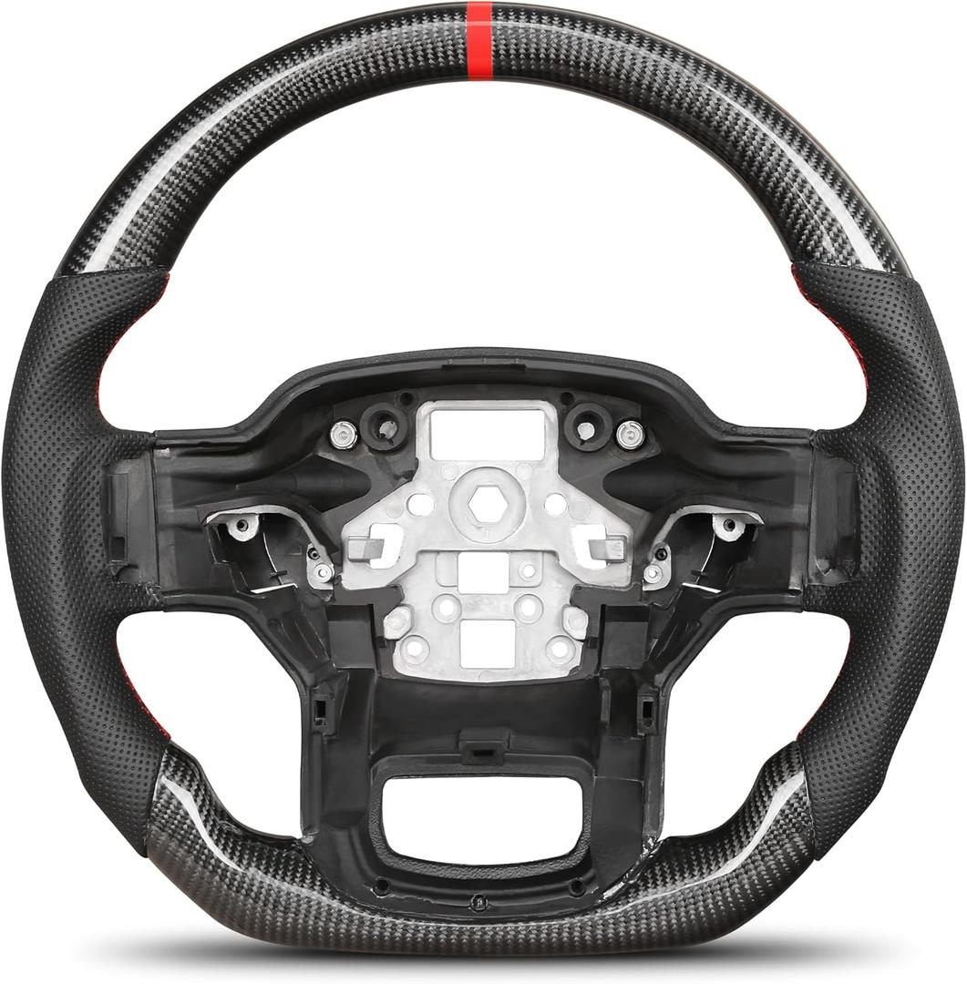 Carbon Fiber Steering Wheel for Ford F-150 2021-2025, D-Shaped Flat Bottom Design with Red Center Line and Leather Grip