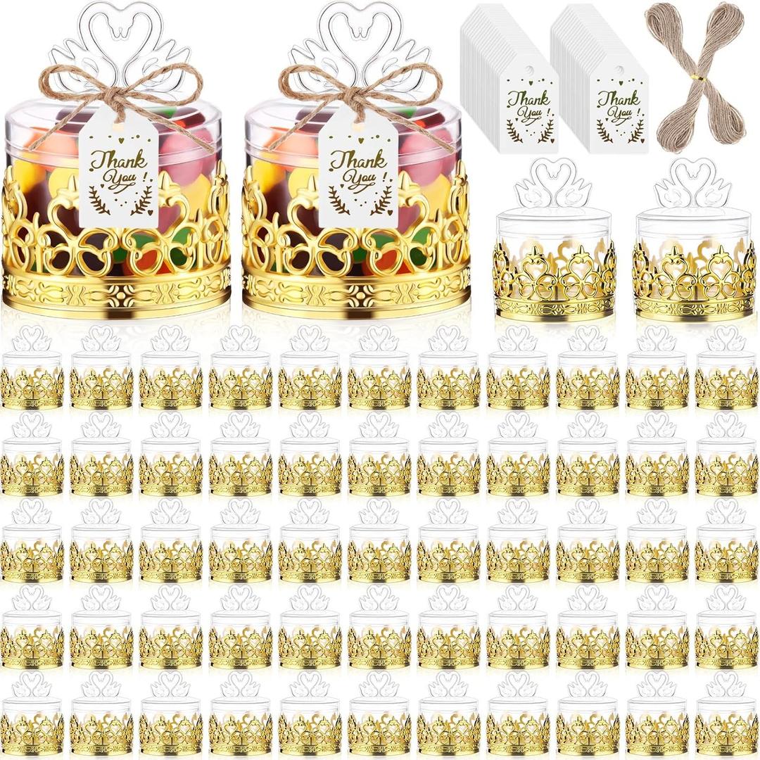 60 Sets Mini Crown Candy Boxes with Thank You Tags and Twine Plastic Candy Containers Storage Boxes Decorative for Wedding Baby Shower Princess Birthday Party Supplies(Gold,Swan)