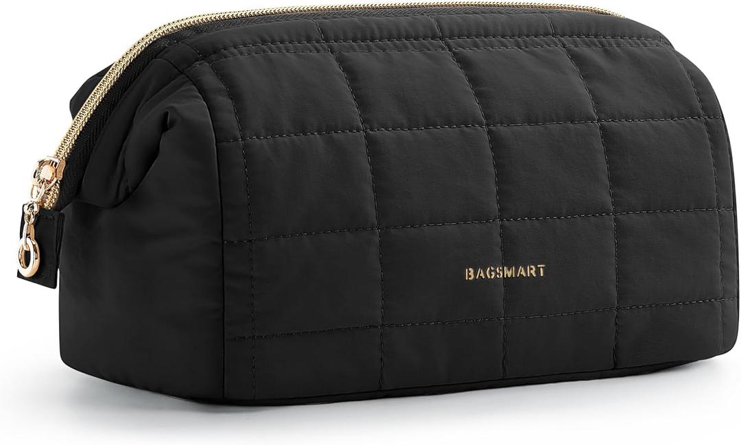 BAGSMART Makeup Bag Travel Toiletry Bag, Puffy Padded Make Up Bags for Women Makeup Organizer Case, Wide-open Pouch Purse Travel Essentials Toiletries Accessories Brushes, Black 