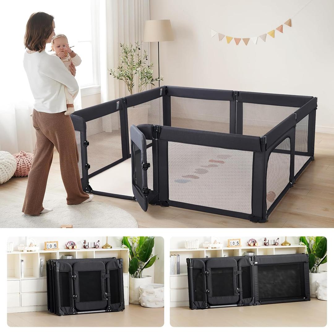 Baby Playpen,Large Play Pen for Babies and Toddlers with Door 79x71 Inch, Adjustable Playpen Non-Slip Suction Cups Base Safe and Sturdy, Indoor Outdoor Playard,Black