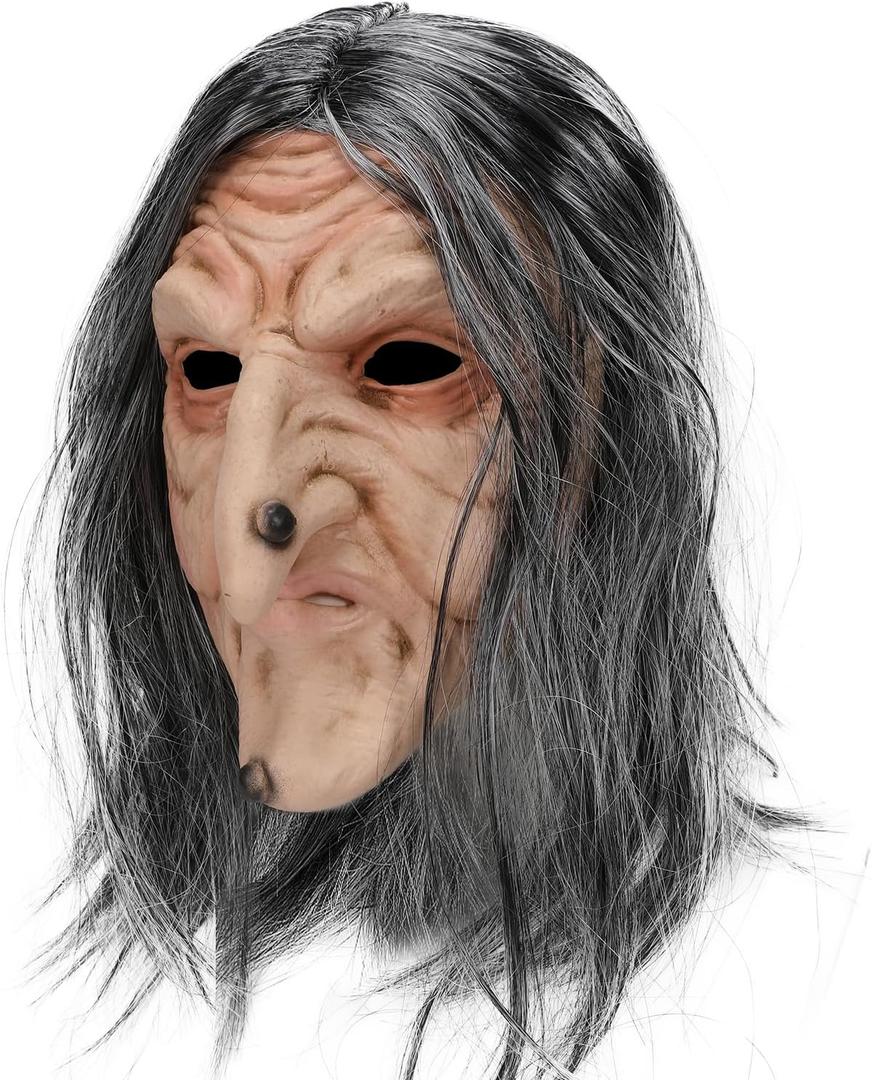 Pigmiss Horror Witch Mask Creepy Old Lady Halloween Scary Realistic Mask Cosplay Party Props (Grey)