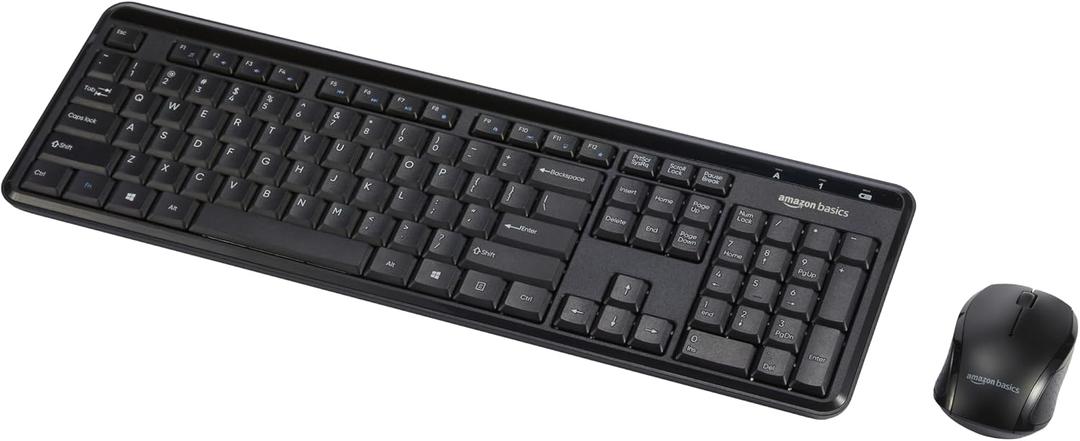 Amazon Basics 2.4GHz Wireless Keyboard and Mouse Combo Set, Quiet and Compact US Layout, Plug and Play, Unifying USB Receiver, Black