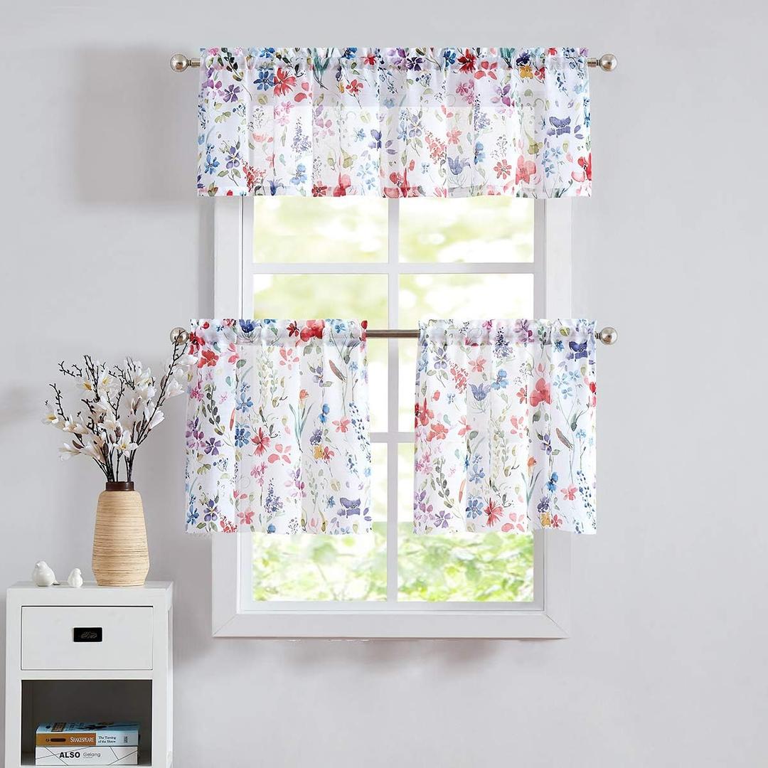 Fragrantex Floral Semi-Sheer Kitchen Curtains and Valances Set for Cafe, 3 Piece Colorful Flower Print Tiers & Valance Set, 24-Inch Length, Rod Pocket, Multicolor
