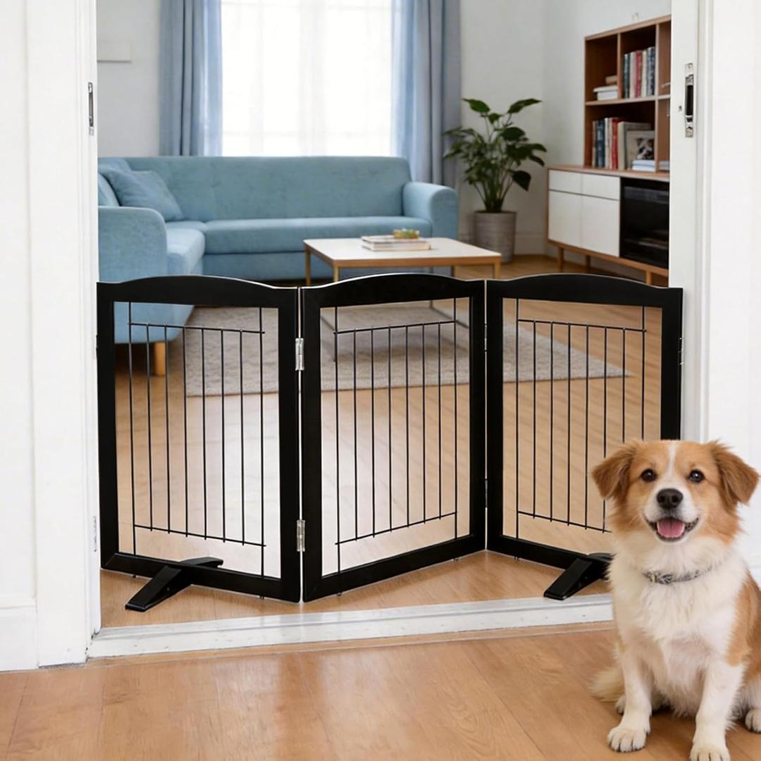 ZJSF Freestanding Dog Fence Indoor, Foldable Dog Gate for Doorways, Stairs or Hallways, Sturdy Wood Extra Wide Pet Gate with Support Feet for The House, Black, 24 "Height-3 Panels
