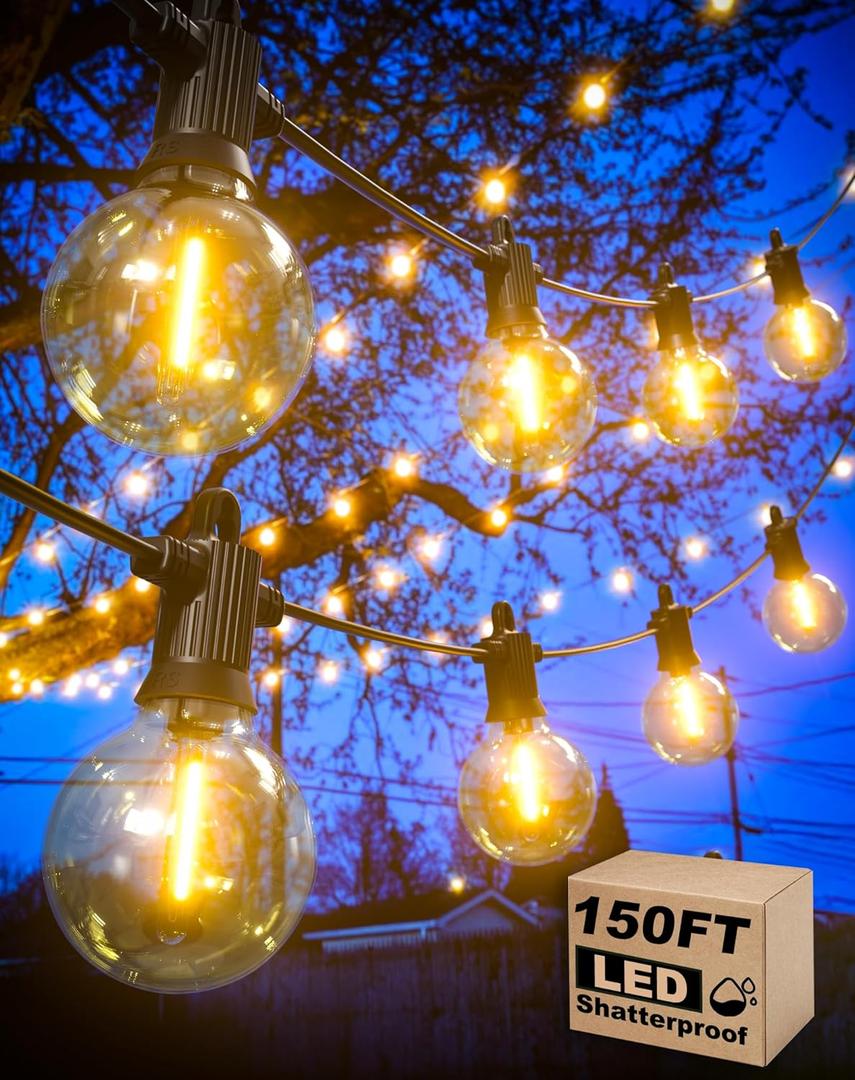 Outdoor String Lights, 150FT Patio Lights with 75 Shatterproof G40 Globe Bulb(3 Spare), Waterproof Connectable Dimmable LED Hanging String Lights for Outside Backyard Porch Balcony (2x75FT)