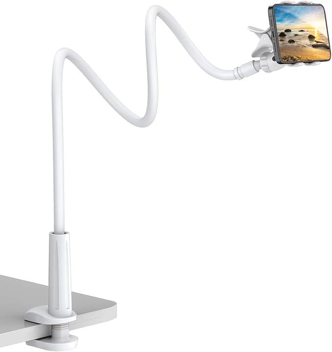 Gooseneck Cell Phone Holder, Universal 360 Flexible Phone Stand Lazy Bracket Mount Long Arms Clamp for Phone 13 Pro Xs Max XR X 8 7 6 6s Plus and Other 3.5~6.7'' Device (White)