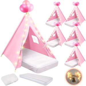 6 Pack Sleepovers Teepee Tent for Kids Bulk with Mattress Sheet Light,Natural Cotton Washable Indoor Play Tent for Birthday Slumber Party Girls Boys Pajama Movie Night Supplies(Light Pink), 5.25 ft