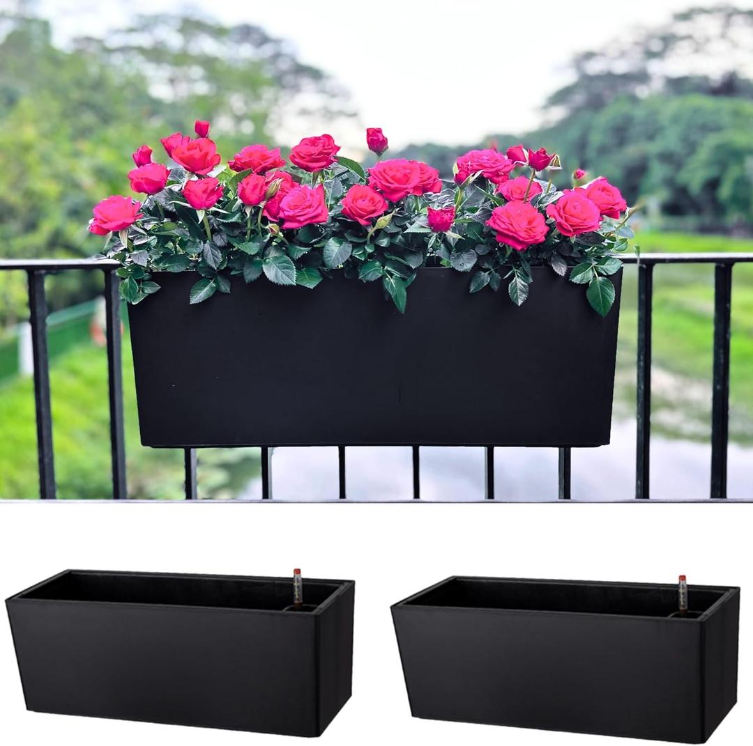 LaLaGreen Rail Planter for Balcony Outdoor (20 Inch, 2 Pack) Large Black Self Watering Railing Planters with Brackets, Rectangular Plastic Deck Fence Window Box Balcony Home Outside Style Garden Dcor