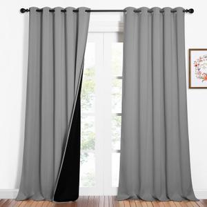 NICETOWN Total Shade Curtains and Draperies, Heavy-Duty Full Light Shading Drapes with Black Liner Backing for Villa/Hall/Dorm Window（Silver Grey, Package of 3 Panels, 62 inches Wide x 95 inches Long
