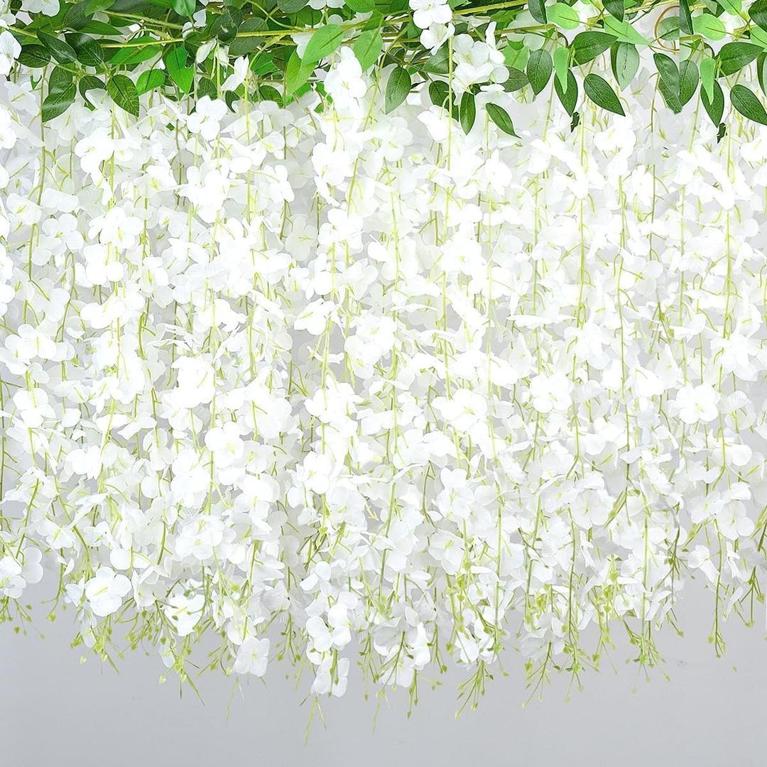 BSMYBO 60 Branches Wisteria Hanging Flowers White Artificial Wisteria Hanging Flowers Garlands Vine for Wedding Arch Party Ceremony Home Garden Backdrop Wall Decoration (4 Pack)