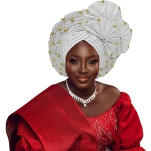African Headpiece of Nigeria ASO Oke Headwraps Hat Turban Wedding Party Handmade Elegant Hair Wear Cap for Women (One Size-Large, White)