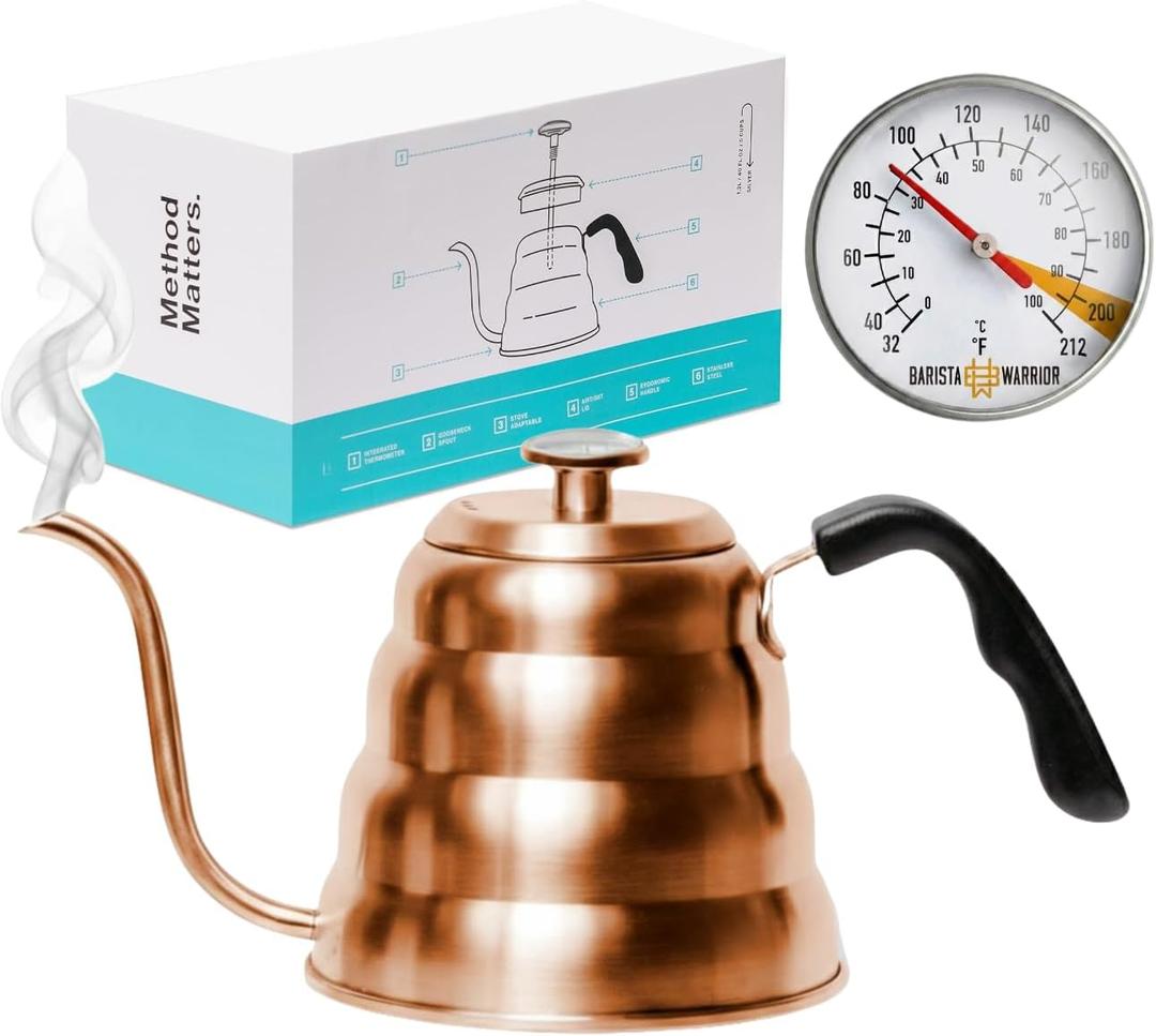 Barista Warrior Gooseneck Kettle for Pour Over Coffee & Tea - 1.2L Kettle Stovetop with Built-In Thermometer, Precision Drip Spout, Stainless Steel - Copper Coated Stainless Steel