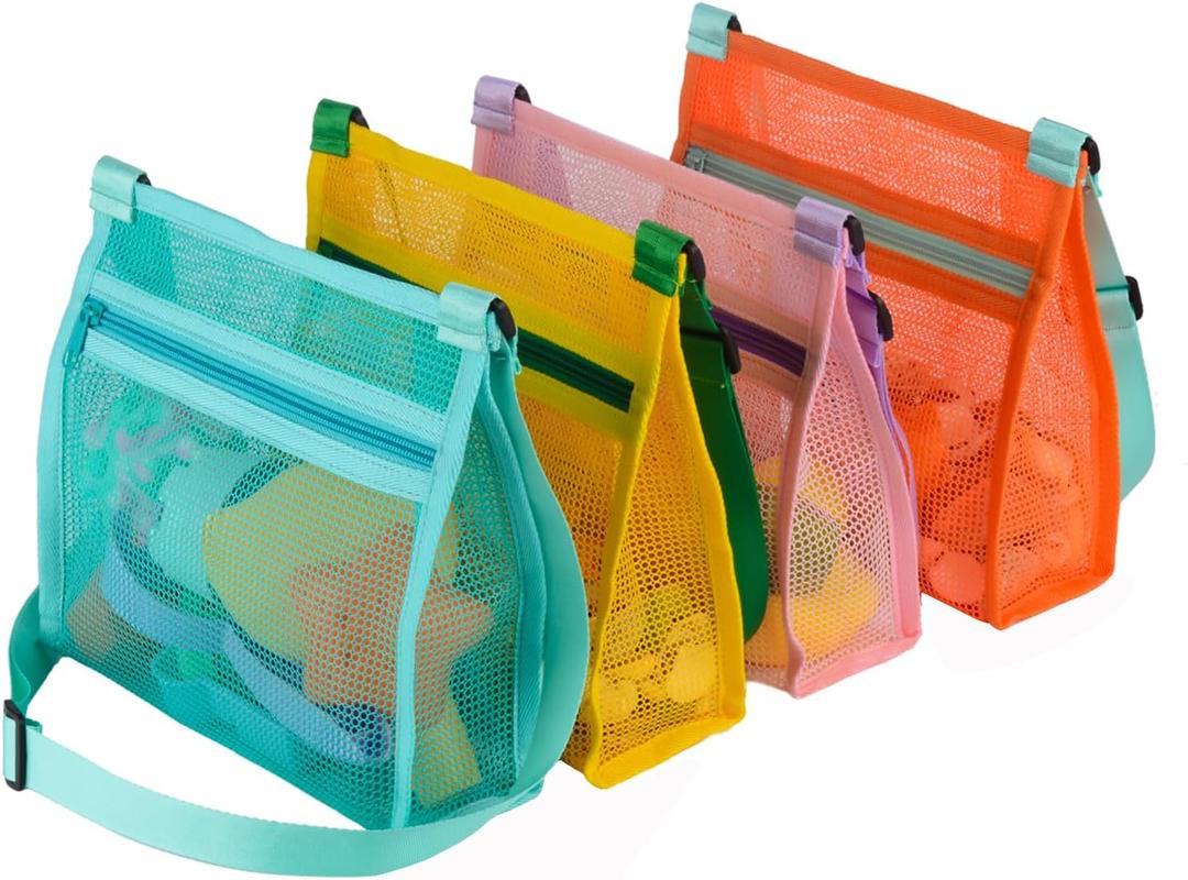 MUYIZI Mesh Beach Bag for Shells Collecting 4 Pack,Shell Bags for Beach,Sea Shell Bags for Picking Up Shells,Beach Shell Bag for Kids, Beach Toys Sand Toys Swimming Accessories for Boys and Girls